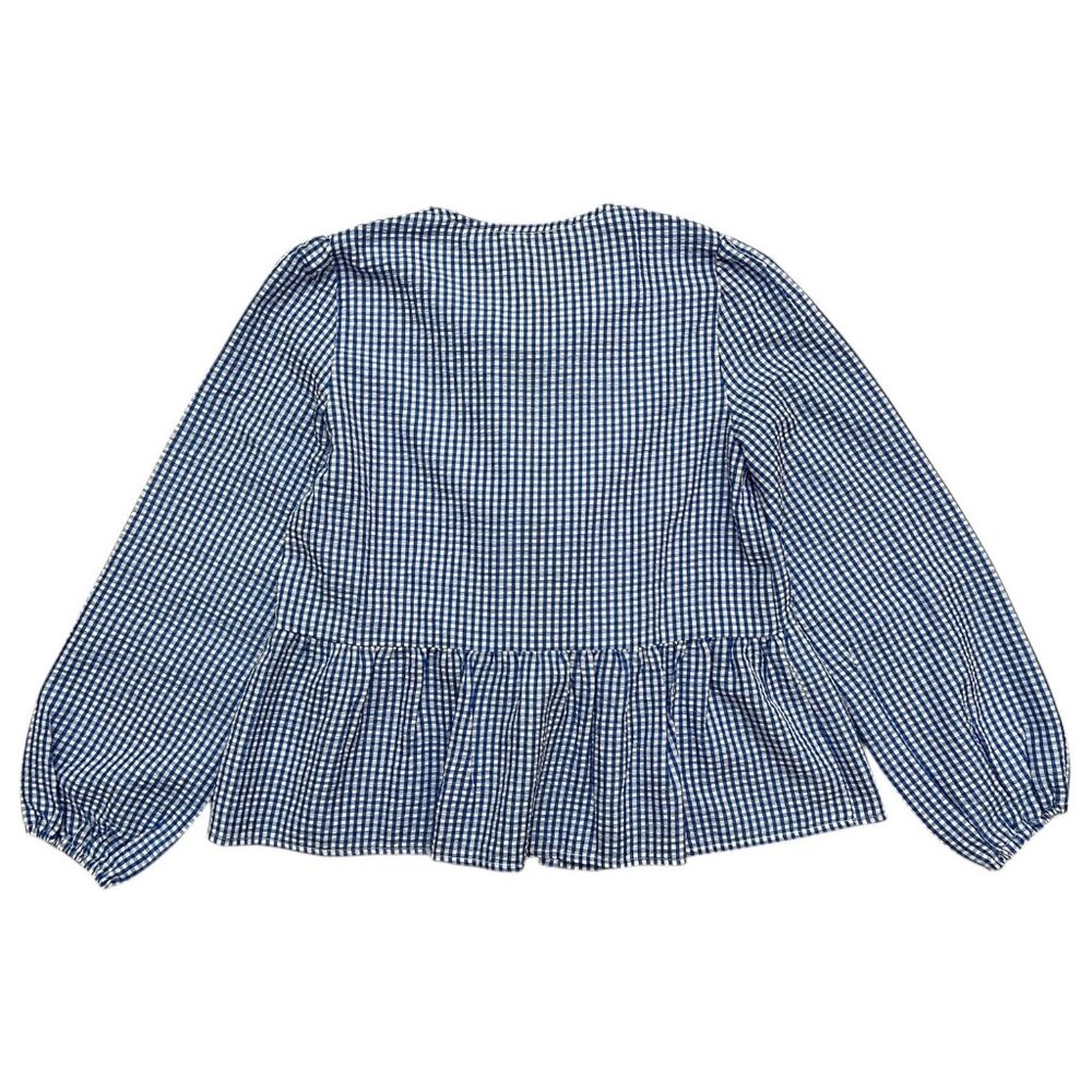 Gingham Tie Front Puff Sleeve Blouse Blue Size Small Cottagecore European Summer - Picture 4 of 10